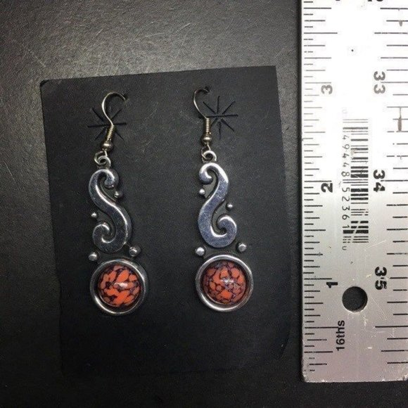 Dangle Pierced Earrings Marbled Orange Silver Swirl Retro Boho - Picture 3 of 3